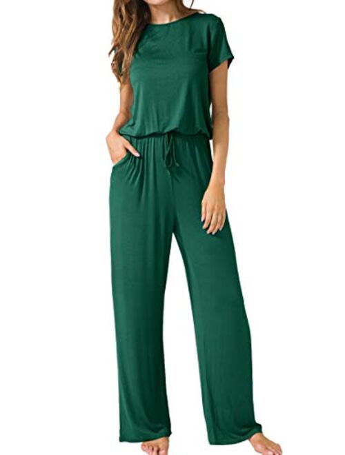 LAINAB Women's Short Sleeve Loose Wide Legs Casual Jumpsuits with Pockets