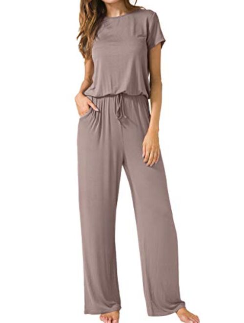 LAINAB Women's Short Sleeve Loose Wide Legs Casual Jumpsuits with Pockets