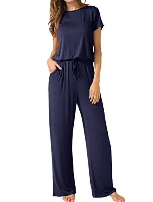 LAINAB Women's Short Sleeve Loose Wide Legs Casual Jumpsuits with Pockets