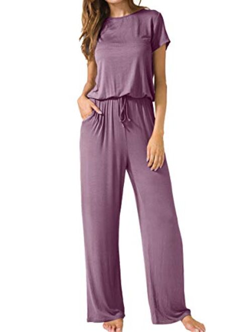 LAINAB Women's Short Sleeve Loose Wide Legs Casual Jumpsuits with Pockets