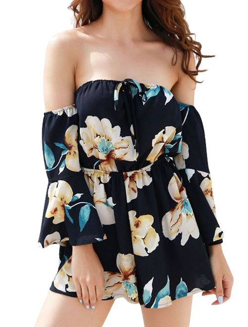 Relipop Women's Summer Floral Off Shoulder 3/4 Flared Sleeve Romper Jumpsuit