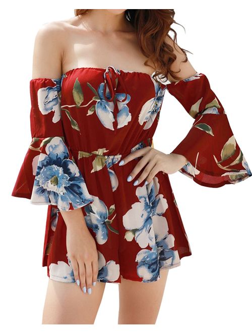 Relipop Women's Summer Floral Off Shoulder 3/4 Flared Sleeve Romper Jumpsuit