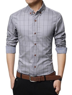 LOCALMODE Men's 100% Cotton Long Sleeve Plaid Slim Fit Button Down Dress Shirt