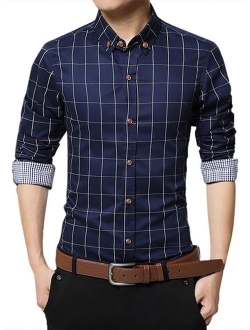 LOCALMODE Men's 100% Cotton Long Sleeve Plaid Slim Fit Button Down Dress Shirt