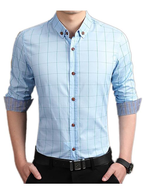 LOCALMODE Men's 100% Cotton Long Sleeve Plaid Slim Fit Button Down Dress Shirt