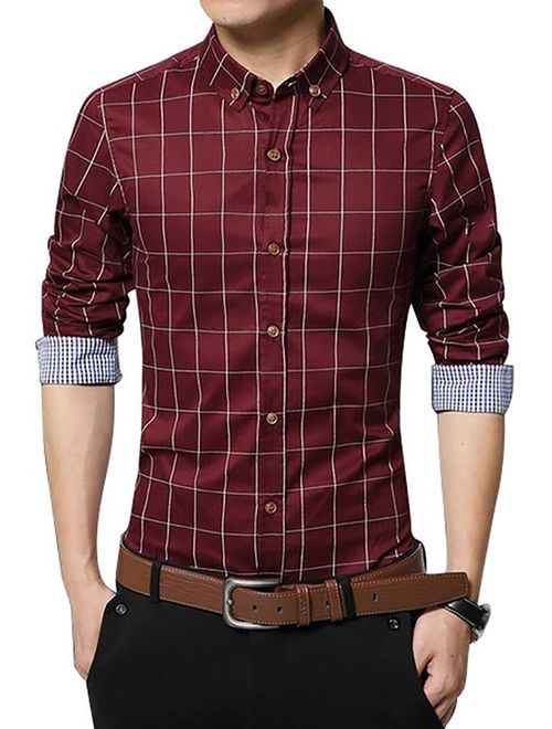 LOCALMODE Men's 100% Cotton Long Sleeve Plaid Slim Fit Button Down Dress Shirt