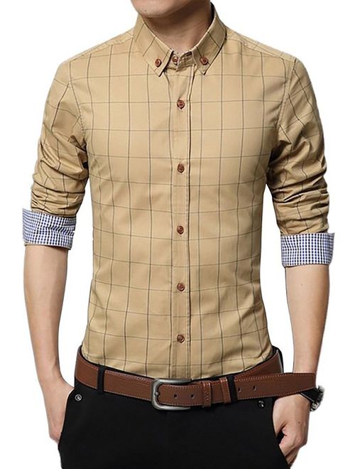 LOCALMODE Men's 100% Cotton Long Sleeve Plaid Slim Fit Button Down Dress Shirt