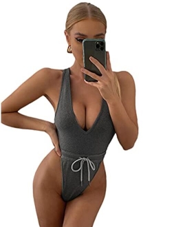 Women's Sexy Deep V Sleeveless Backless Halter Leotard Bodysuit Romper