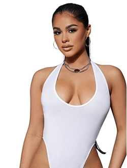 Women's Sexy Deep V Sleeveless Backless Halter Leotard Bodysuit Romper