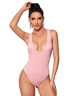 Women's Sexy Deep V Sleeveless Backless Halter Leotard Bodysuit Romper