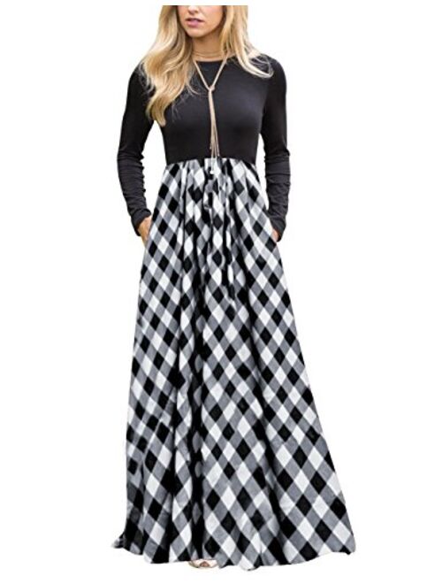 MEROKEETY Women's Plaid Long Sleeve Empire Waist Full Length Maxi Dress with Pockets