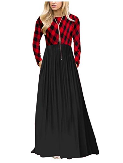 MEROKEETY Women's Plaid Long Sleeve Empire Waist Full Length Maxi Dress with Pockets