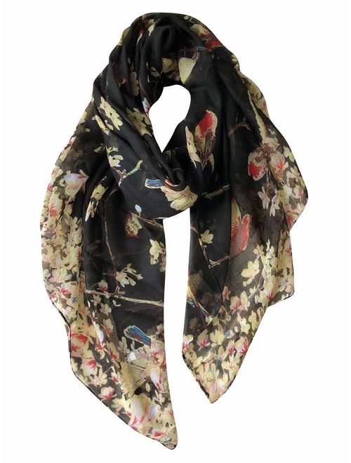 GERINLY Scarfs for Women Lightweight Floral Birds Print Shawl Wraps Holiday Scarf Gift