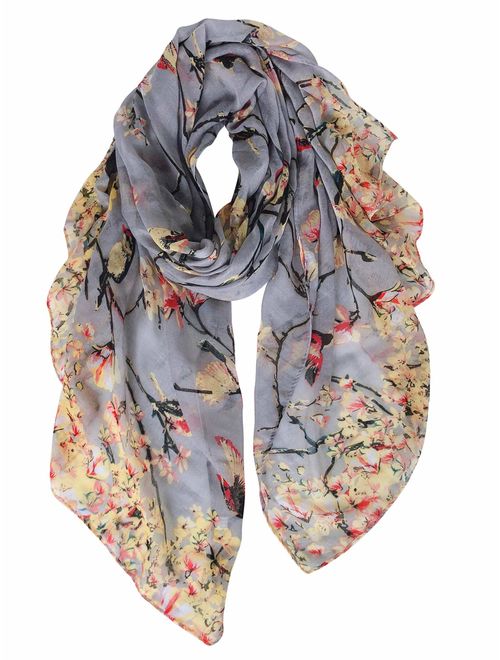 GERINLY Scarfs for Women Lightweight Floral Birds Print Shawl Wraps Holiday Scarf Gift