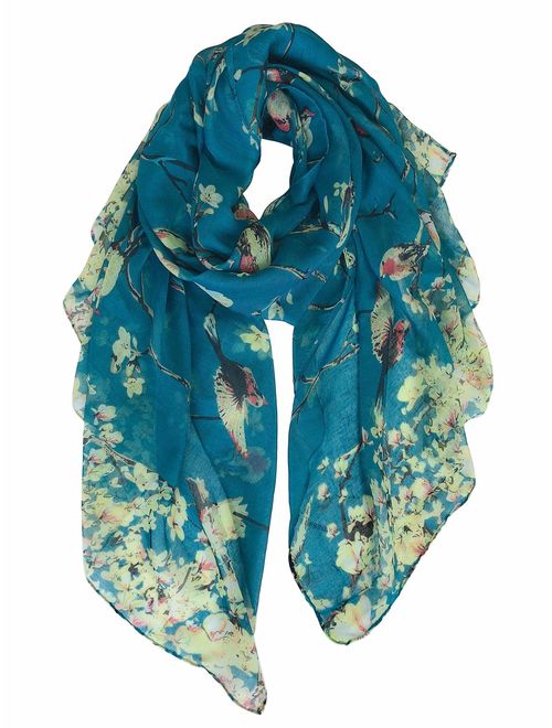 GERINLY Scarfs for Women Lightweight Floral Birds Print Shawl Wraps Holiday Scarf Gift