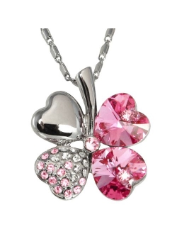 Dahlia Four Leaf Clover Necklace with Swarovski Crystals, Rhodium Plated, 16" with 2" Extender