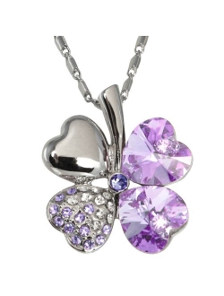 Dahlia Four Leaf Clover Necklace with Swarovski Crystals, Rhodium Plated, 16" with 2" Extender