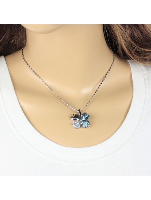 Dahlia Four Leaf Clover Necklace with Swarovski Crystals, Rhodium Plated, 16" with 2" Extender