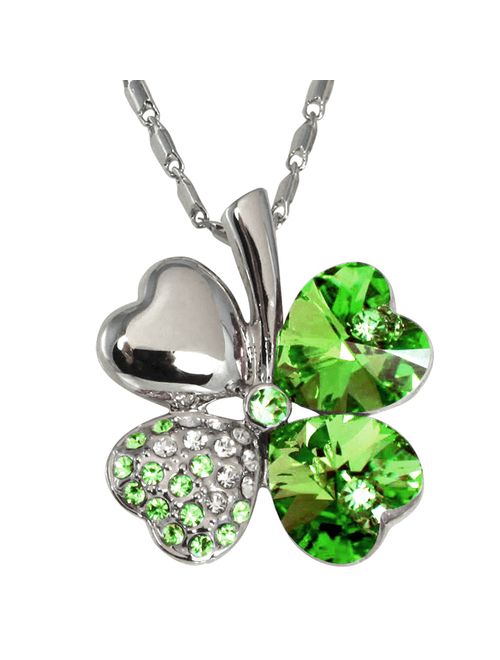 Dahlia Four Leaf Clover Necklace with Swarovski Crystals, Rhodium Plated, 16" with 2" Extender