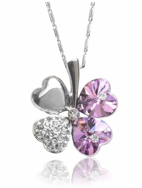 Dahlia Four Leaf Clover Necklace with Swarovski Crystals, Rhodium Plated, 16" with 2" Extender