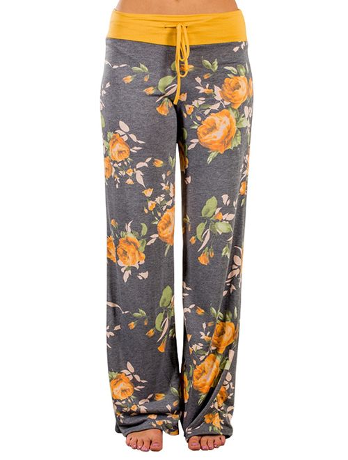 Elsofer Women's Pajama Lounge Pants Floral Print Comfy Casual Stretch Palazzo Drawstring Pj Bottoms Pants Wide Leg