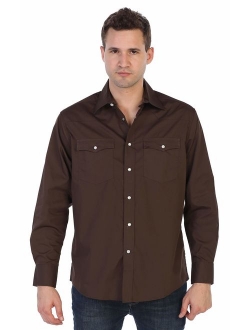 Men's Solid Long Sleeve Western Shirt with Pearl Snap-on Buttons