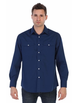 Men's Solid Long Sleeve Western Shirt with Pearl Snap-on Buttons