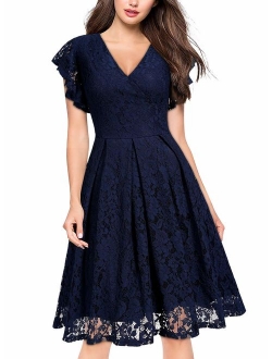 MISSMAY Women's Vintage Floral Lace V Neck Cocktail Party Swing Dress