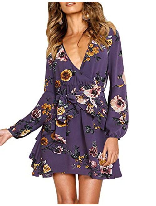 uguest Women V Neck Dress Floral Long Sleeve A-Line Wrap Ruffle Flowy Mini Swing Short Party Dress with Belt