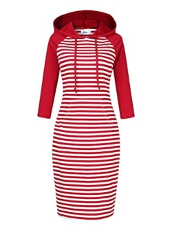 MISSKY Women Stripe Pocket Knee Length Slim Casual Pullover Hoodie Dress