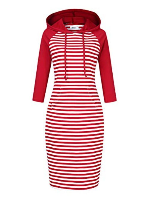 MISSKY Women Stripe Pocket Knee Length Slim Casual Pullover Hoodie Dress