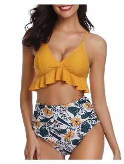 Women Two Pieces High Waisted Ruffle Bikini Set V Neck Printed Swimwear