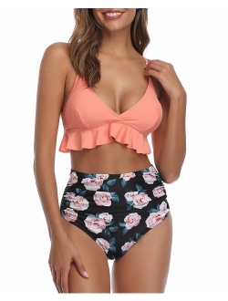 Women Two Pieces High Waisted Ruffle Bikini Set V Neck Printed Swimwear