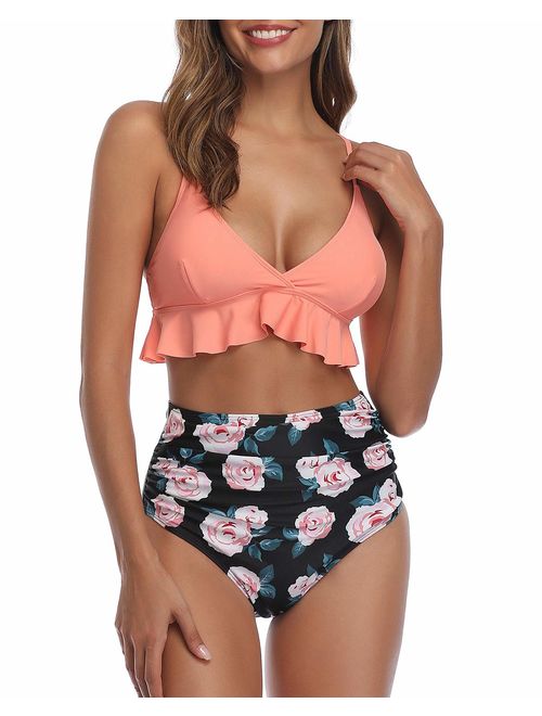 Tempt Me Women Two Pieces High Waisted Ruffle Bikini Set V Neck Printed Swimwear