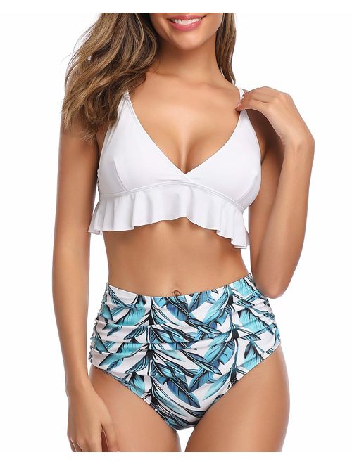 Tempt Me Women Two Pieces High Waisted Ruffle Bikini Set V Neck Printed Swimwear