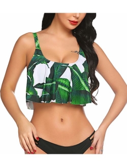 ADOME High Waist Bikini Set for Women Ruffled Tummy Control Swimsuit 2 Piece Printed Plus Size Swimwear