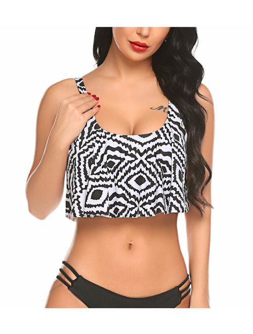 ADOME High Waist Bikini Set for Women Ruffled Tummy Control Swimsuit 2 Piece Printed Plus Size Swimwear