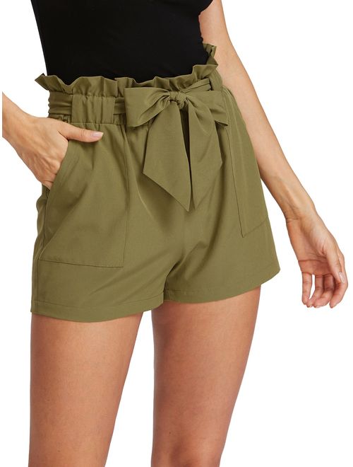 ROMWE Women's Casual Elastic Waist Bowknot Summer Shorts with Pockets