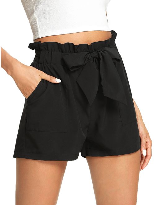 ROMWE Women's Casual Elastic Waist Bowknot Summer Shorts with Pockets