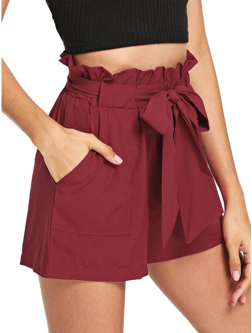 ROMWE Women's Casual Elastic Waist Bowknot Summer Shorts with Pockets