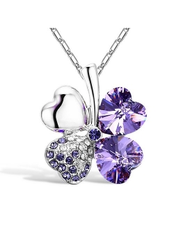 Merdia Four Leaf Clover Heart-Shaped Crystal Pendant Necklace 16