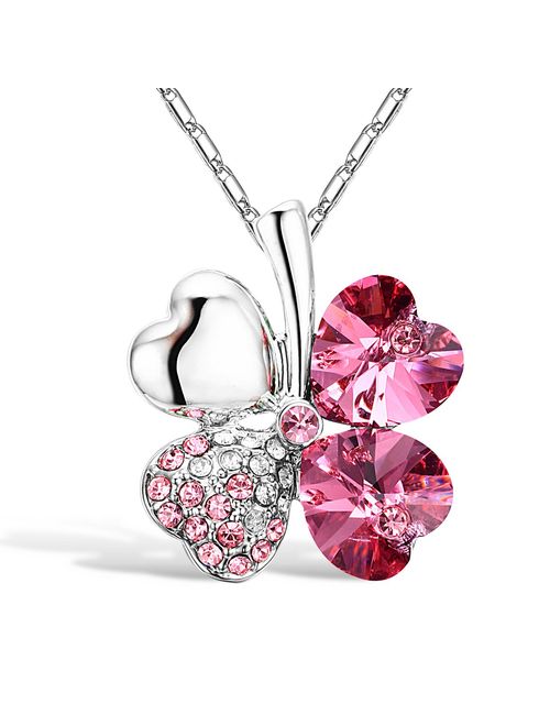 Merdia Four Leaf Clover Heart-Shaped Crystal Pendant Necklace 16