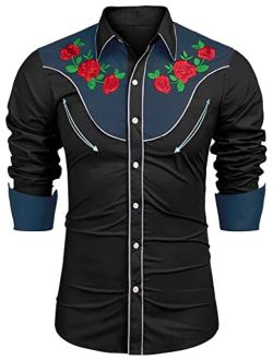 Men's Embroidered Rose Design Western Shirt Long Sleeve Button Down Shirt