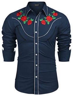 Men's Embroidered Rose Design Western Shirt Long Sleeve Button Down Shirt