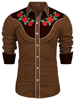 Men's Embroidered Rose Design Western Shirt Long Sleeve Button Down Shirt