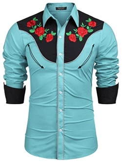 Men's Embroidered Rose Design Western Shirt Long Sleeve Button Down Shirt