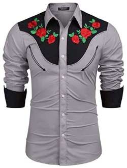 Men's Embroidered Rose Design Western Shirt Long Sleeve Button Down Shirt