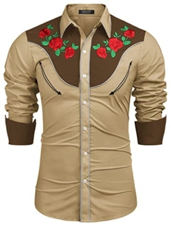 Men's Embroidered Rose Design Western Shirt Long Sleeve Button Down Shirt