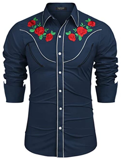 COOFANDY Men's Embroidered Rose Design Western Shirt Long Sleeve Button Down Shirt