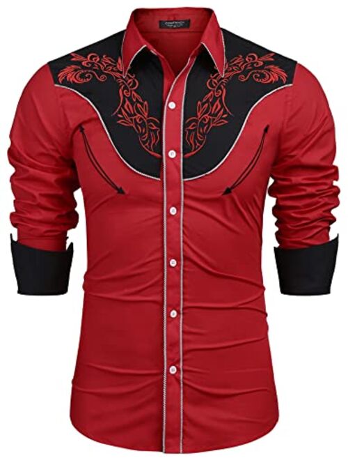 COOFANDY Men's Embroidered Rose Design Western Shirt Long Sleeve Button Down Shirt